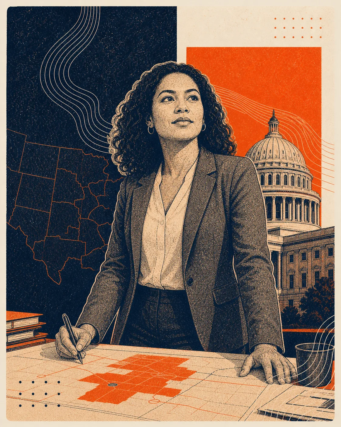 Grainy orange and navy illustration of a federal program team working around an operations table