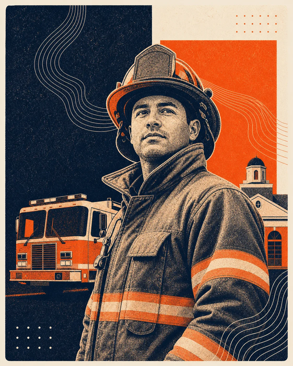 Grainy orange and navy illustration of a firefighter beside a fire engine