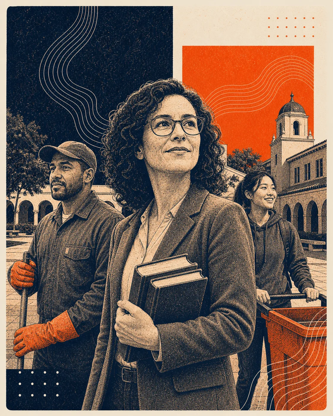 Grainy orange and navy illustration of a professor, facilities employee, and student worker crossing a campus courtyard