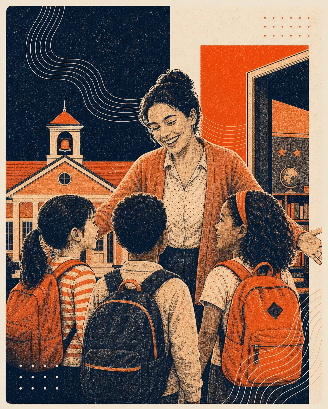 Playful grainy orange and navy illustration of a teacher welcoming children to school