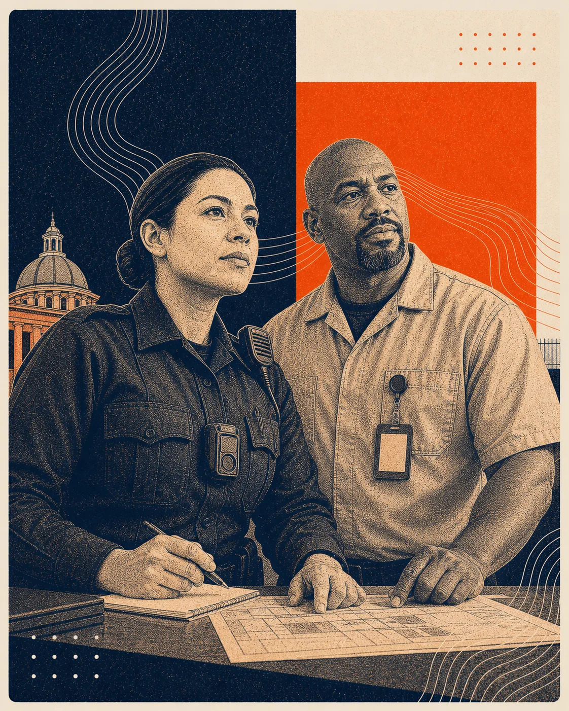 Grainy orange and navy illustration of a community police officer and corrections professional in a calm briefing room