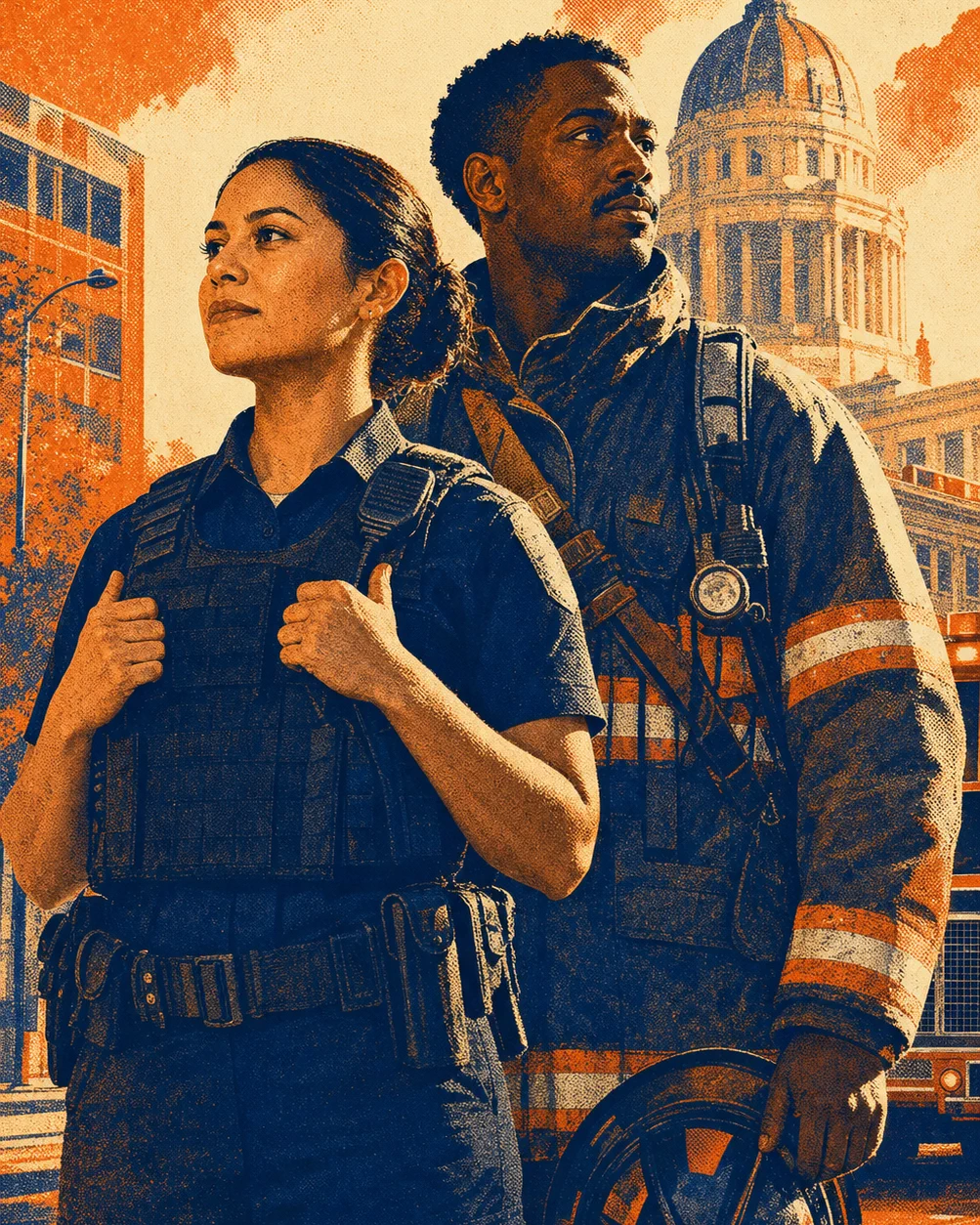 Grainy orange and navy illustration of a police officer and firefighter serving their community together