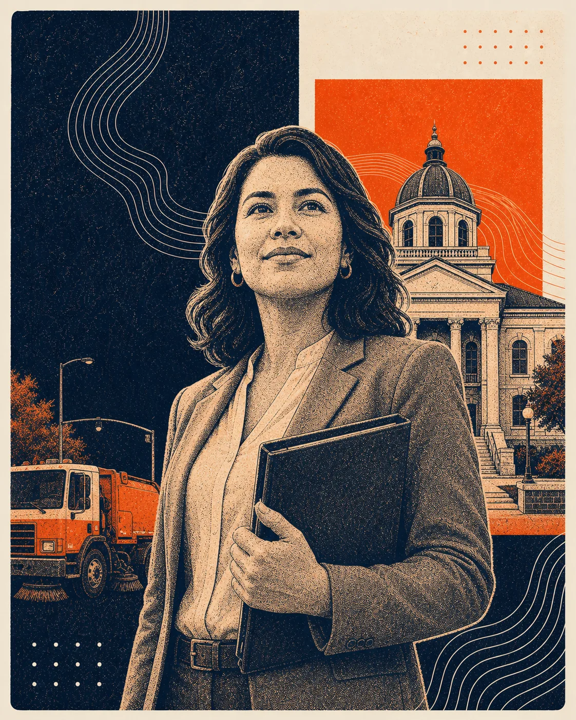 Grainy orange and navy illustration of a municipal public works employee and city administrator reviewing a civic map