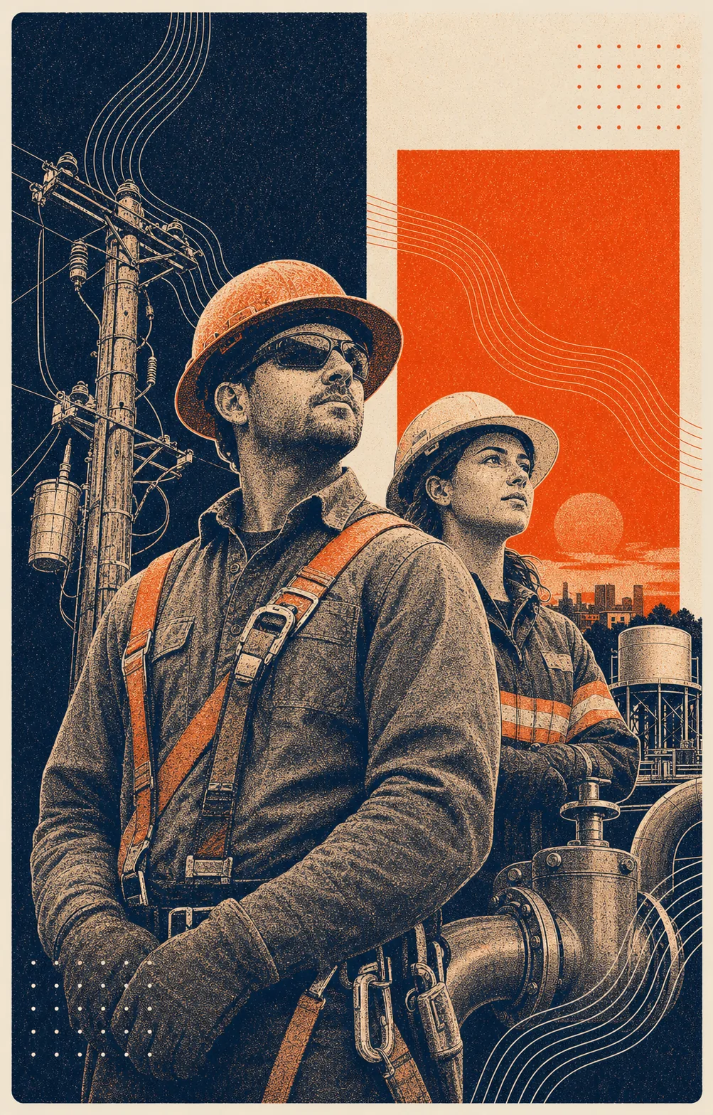 Grainy orange and navy illustration of a utility lineworker and water-system technician at sunrise